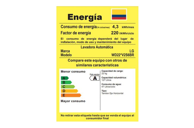 Consumo energético LG Lavadora WD22VV2S6BR.